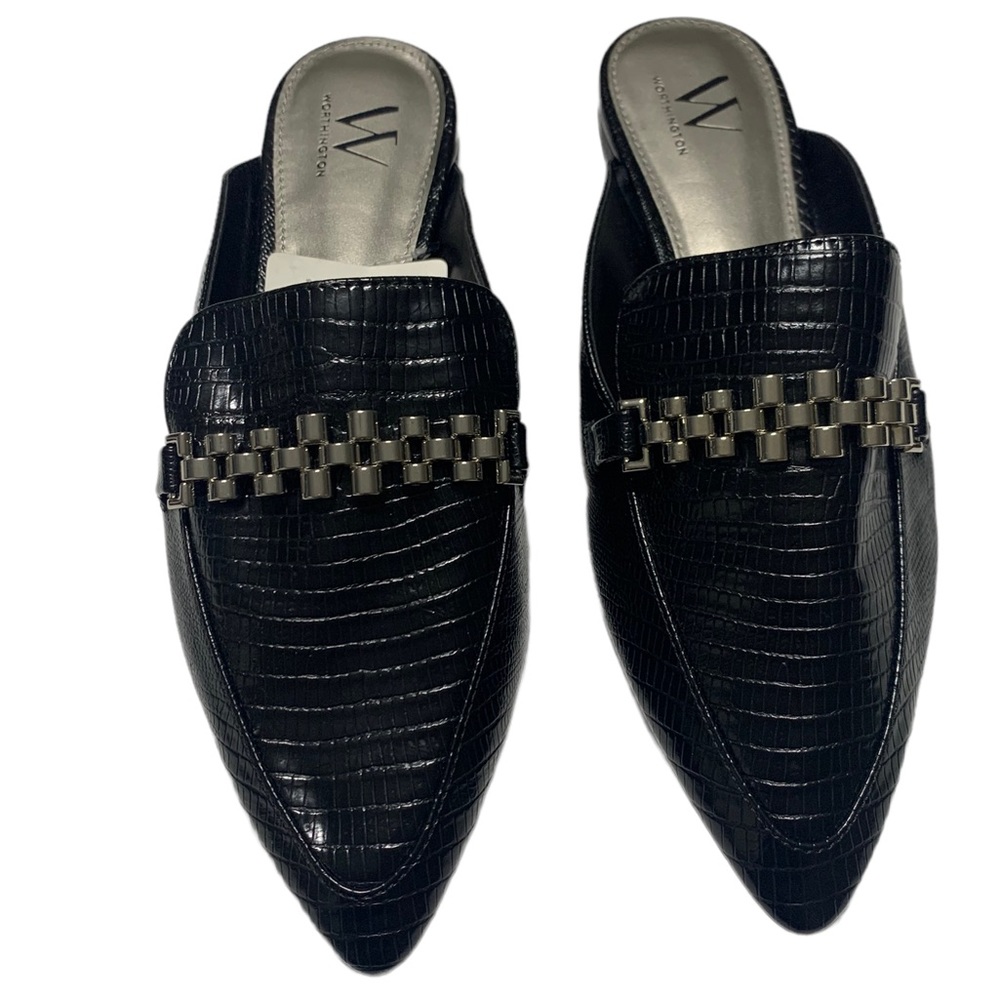 Worthington Black Slide On Faux Alligator Metal Embellishments Size 8 1/2